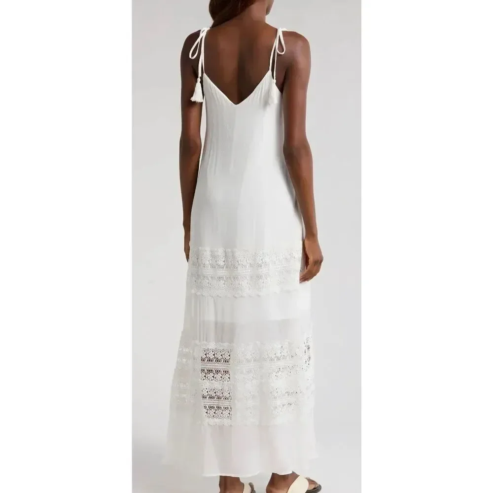 Elan Size XS Tie Strap Lace Swimsuit Cover Up Maxi Dress White Coastal Vacation